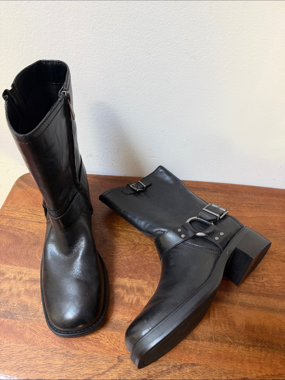Vince Camuto Black Leather Mid-Calf Buckle Combat Boots
